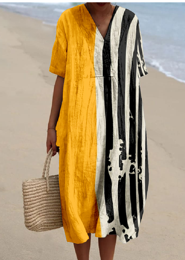 Boho Multicolor Block Loose V Neck Dress