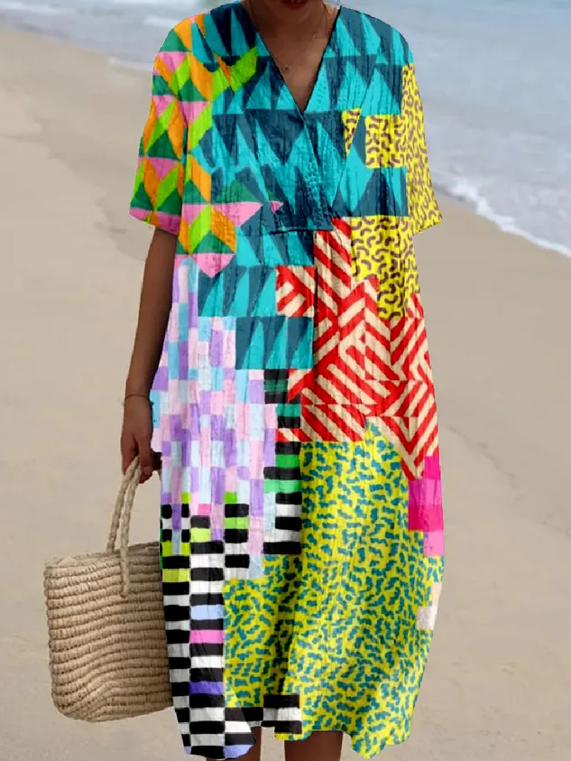 Multicolor Block Boho Cotton-Blend Loose Dress