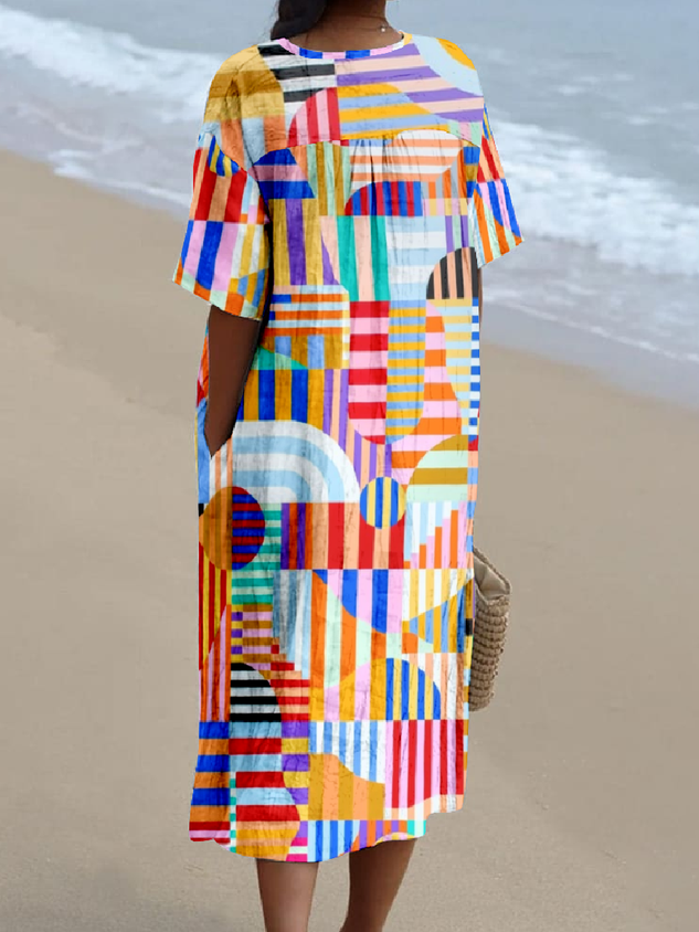 Vintage V Neck Multicolor Block Cotton-Blend Dress