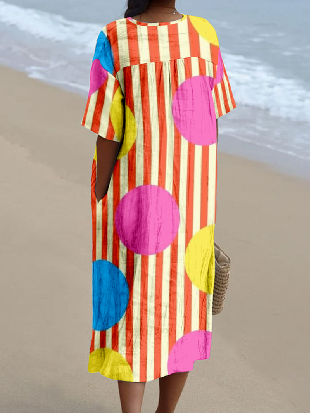 Loose Cotton-Blend Multicolor Block Vintage Dress