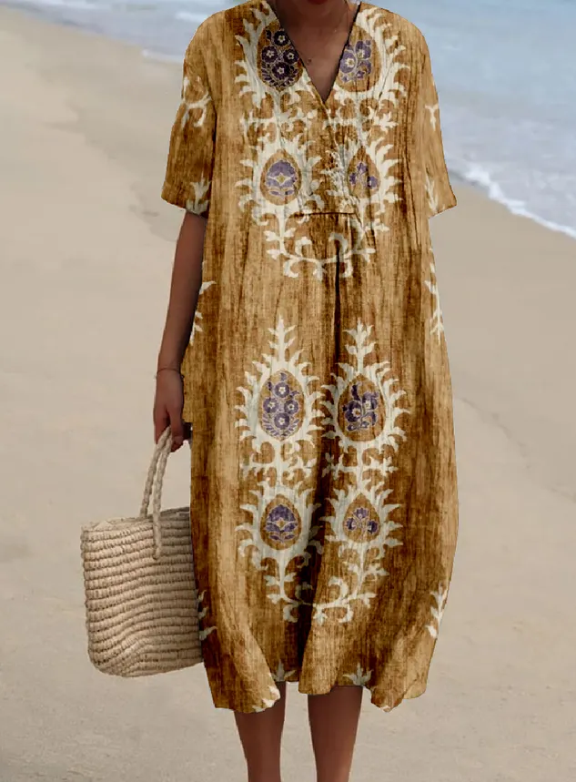 Vintage Cotton-Blend Ethnic Geometry Dress