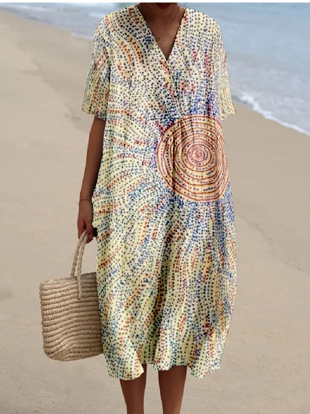 V Neck Leaf Cotton-Blend Vintage Dress