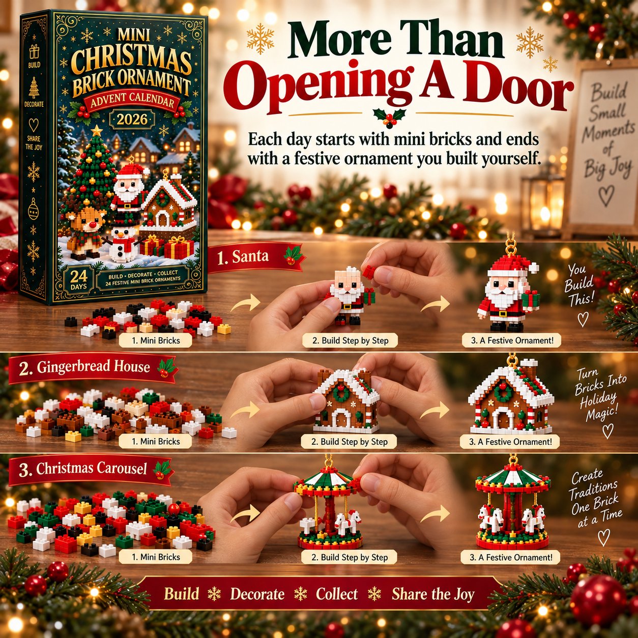 ⏳ Last Day 70% OFF – 🎄24-Day Mini Christmas Brick Ornament Advent Calendar | 24 Unique Buildable Holiday Designs with Hanging Loops for Trees, Garlands & Festive Displays 🧱