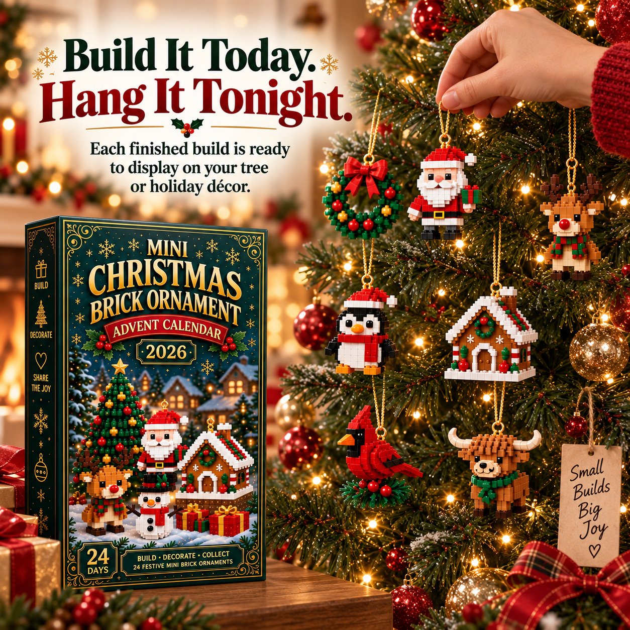 ⏳ Last Day 70% OFF – 🎄24-Day Mini Christmas Brick Ornament Advent Calendar | 24 Unique Buildable Holiday Designs with Hanging Loops for Trees, Garlands & Festive Displays 🧱