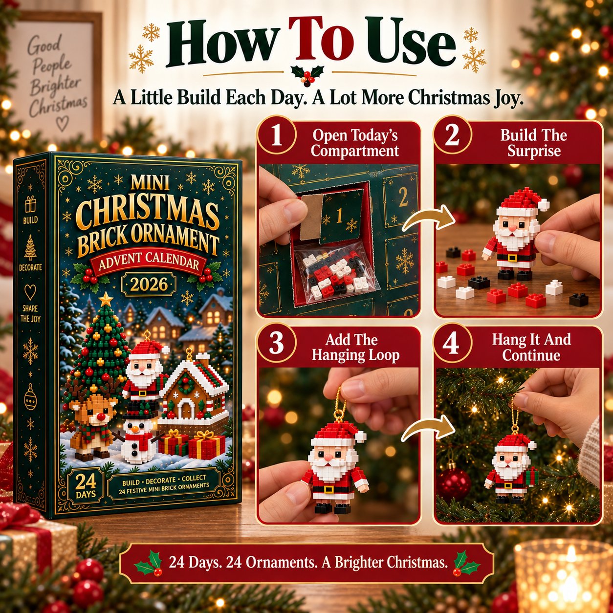 ⏳ Last Day 70% OFF – 🎄24-Day Mini Christmas Brick Ornament Advent Calendar | 24 Unique Buildable Holiday Designs with Hanging Loops for Trees, Garlands & Festive Displays 🧱