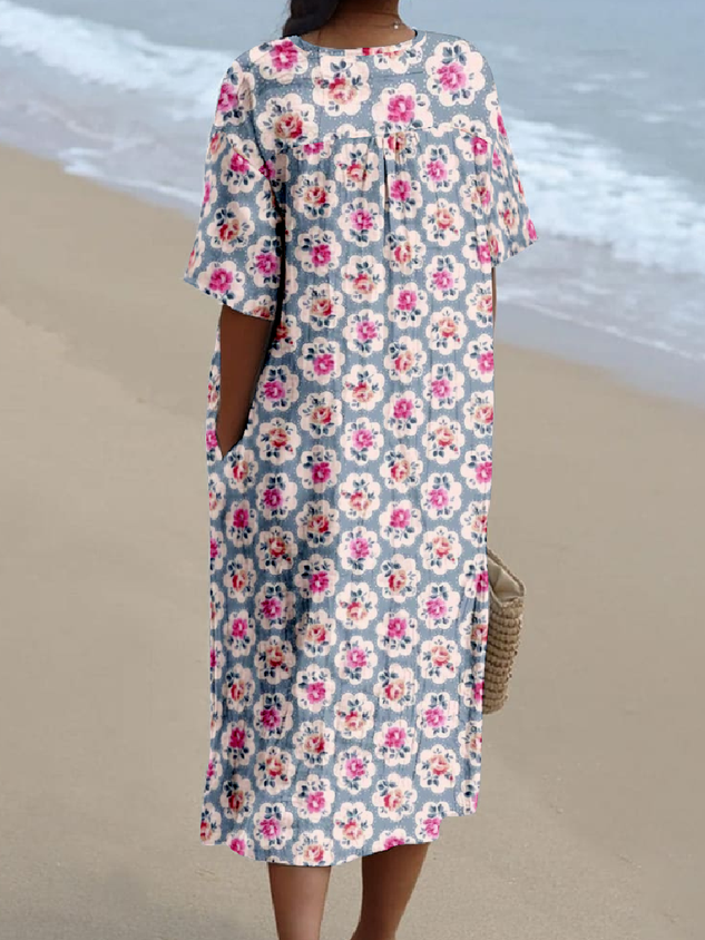 Boho Cotton-Blend Small Floral V Neck Dress