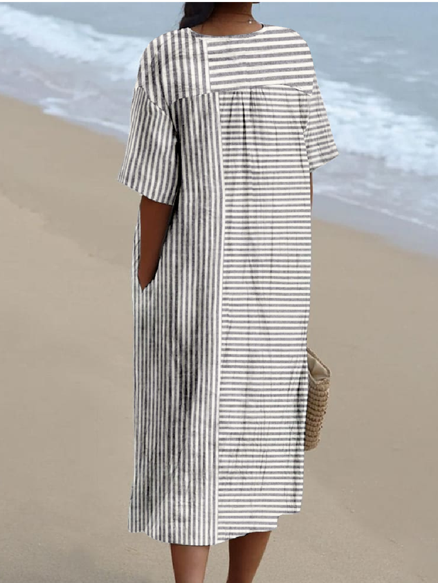 Boho Striped Cotton-Blend V Neck Dress