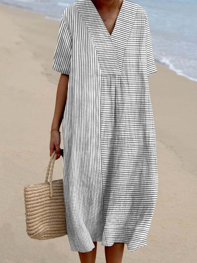 Boho Striped Cotton-Blend V Neck Dress