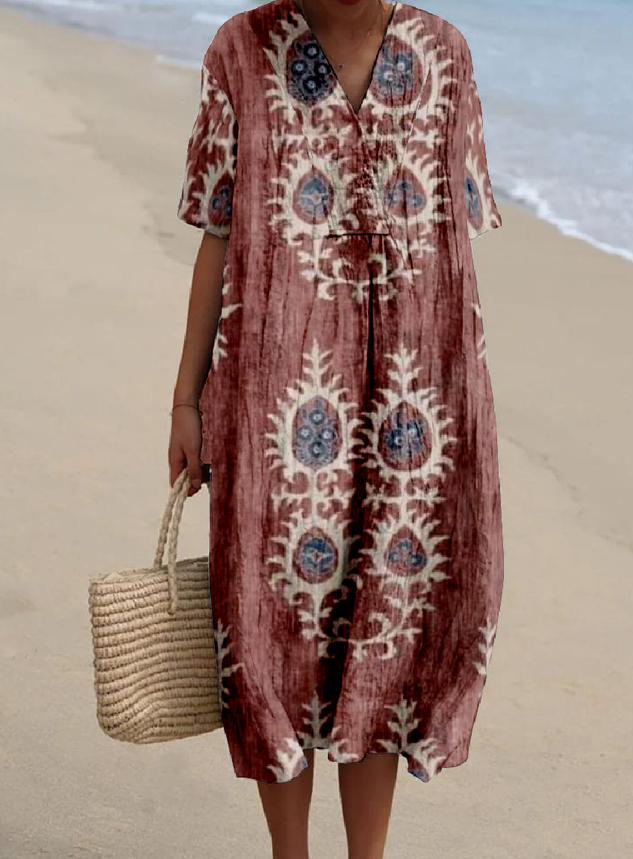 Vintage Cotton-Blend Ethnic Geometry Dress