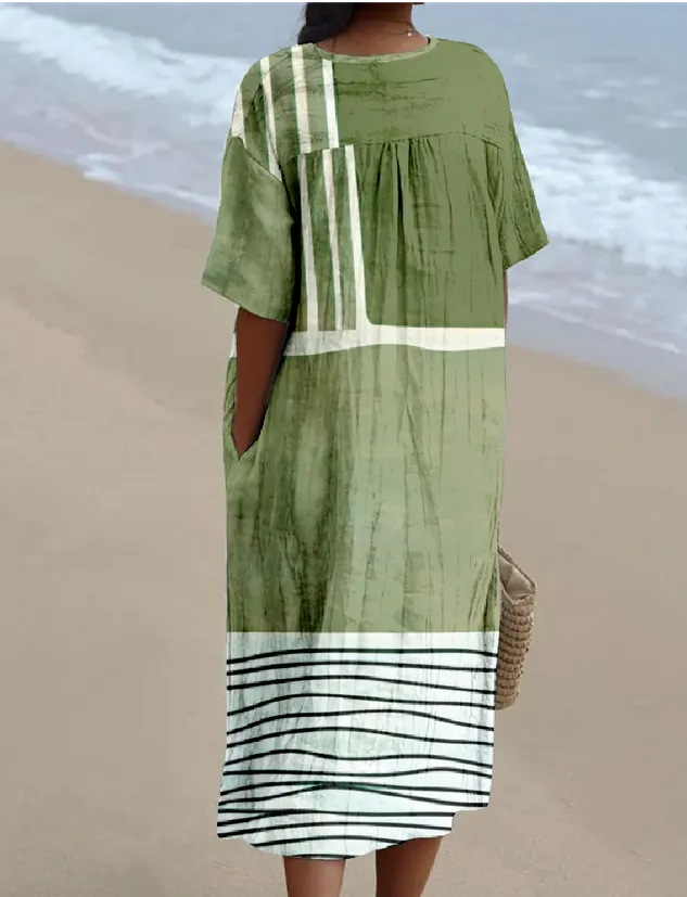 Cotton-Blend Boho Ethnic Geometry Loose Dress
