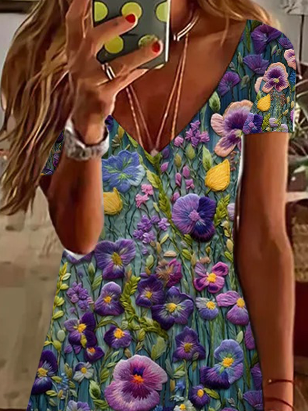 Women's Casual V-Neck Short-Sleeve Floral Print Spring Dress