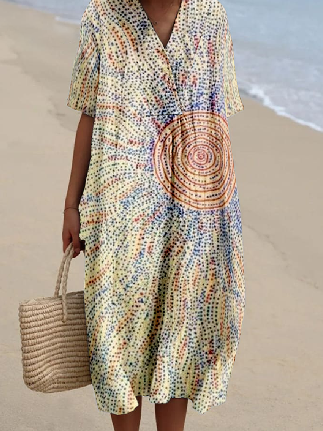 V Neck Leaf Cotton-Blend Vintage Dress