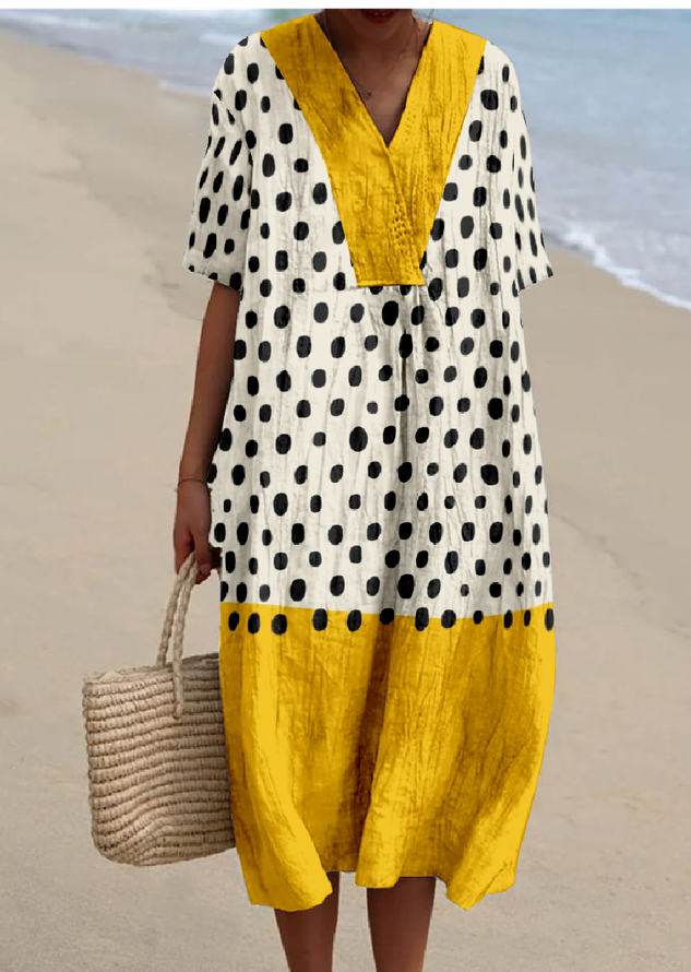 Boho Multicolor Block Loose V Neck Dress
