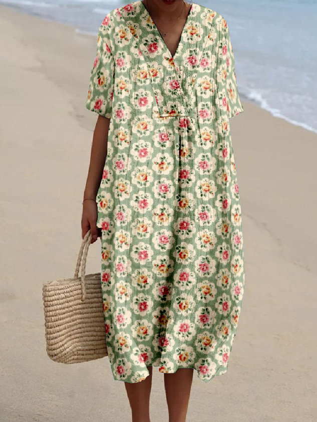 Boho Cotton-Blend Small Floral V Neck Dress