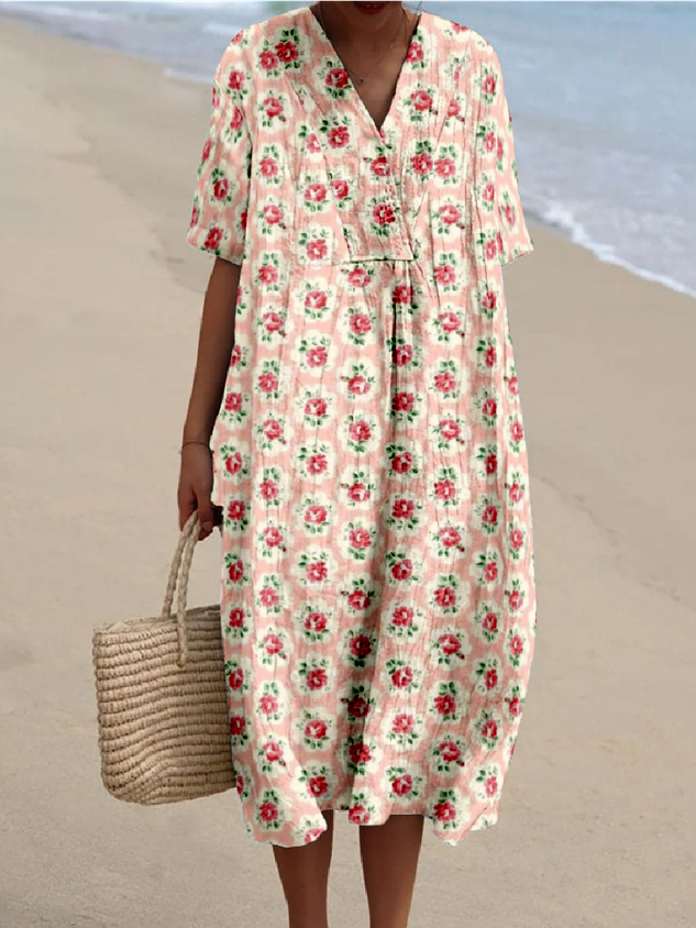 Boho Cotton-Blend Small Floral V Neck Dress
