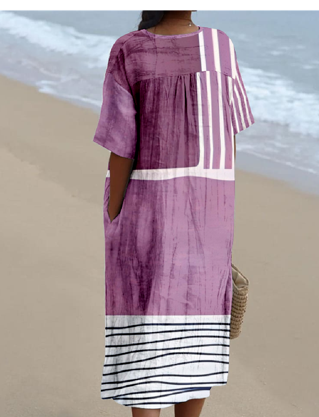 Cotton-Blend Boho Ethnic Geometry Loose Dress
