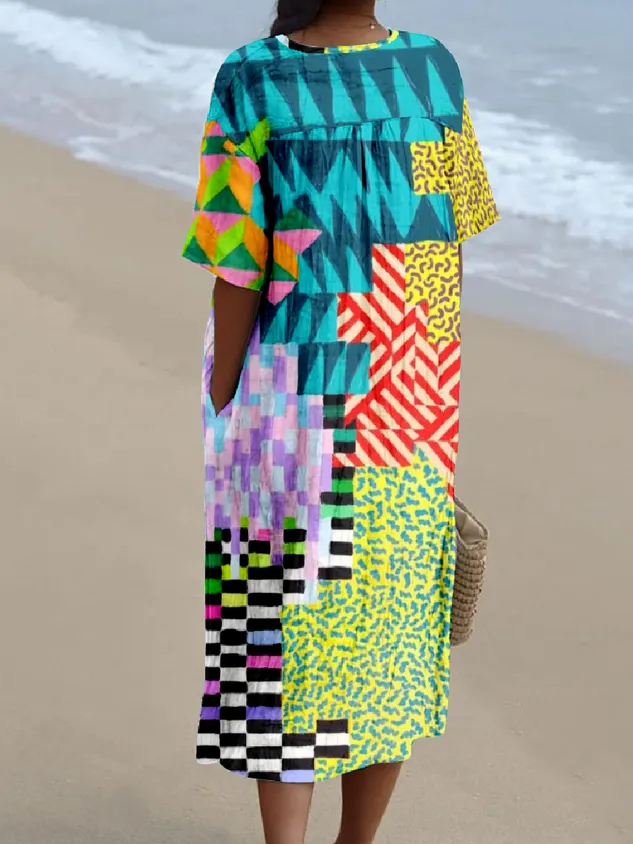 Multicolor Block Boho Cotton-Blend Loose Dress