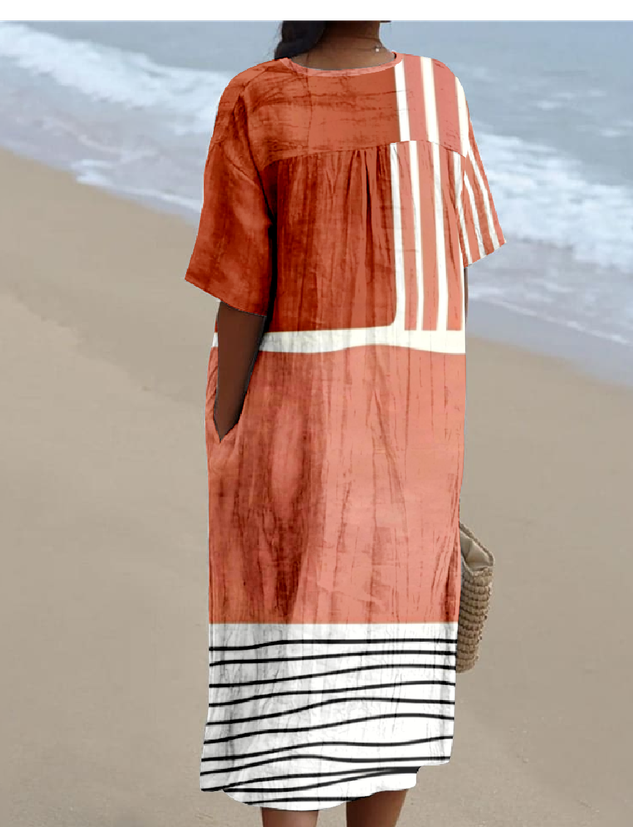 Cotton-Blend Boho Ethnic Geometry Loose Dress