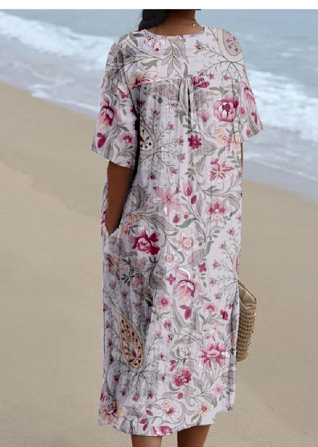 Cotton-Blend V Neck Vintage Loose Dress
