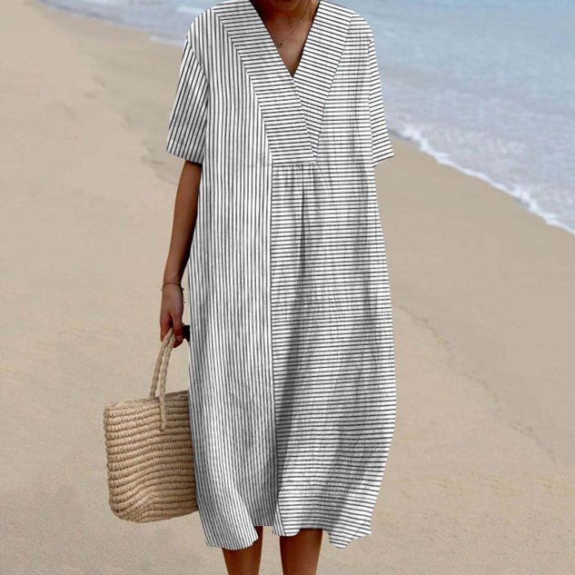 Boho Striped Cotton-Blend V Neck Dress