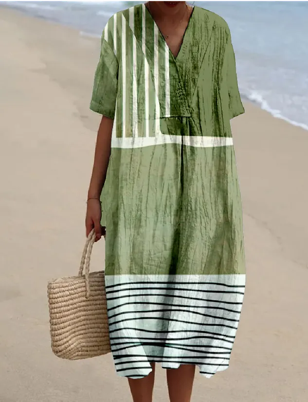 Cotton-Blend Boho Ethnic Geometry Loose Dress