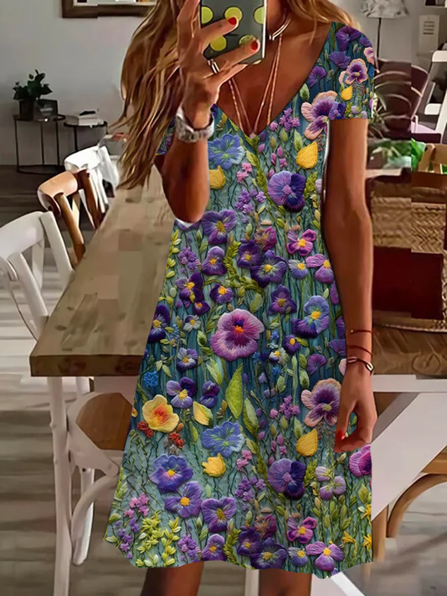 Women's Casual V-Neck Short-Sleeve Floral Print Spring Dress