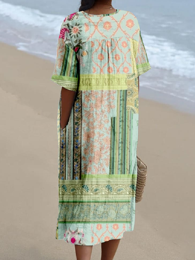 Cotton-Blend Multicolor Block Casual Dress