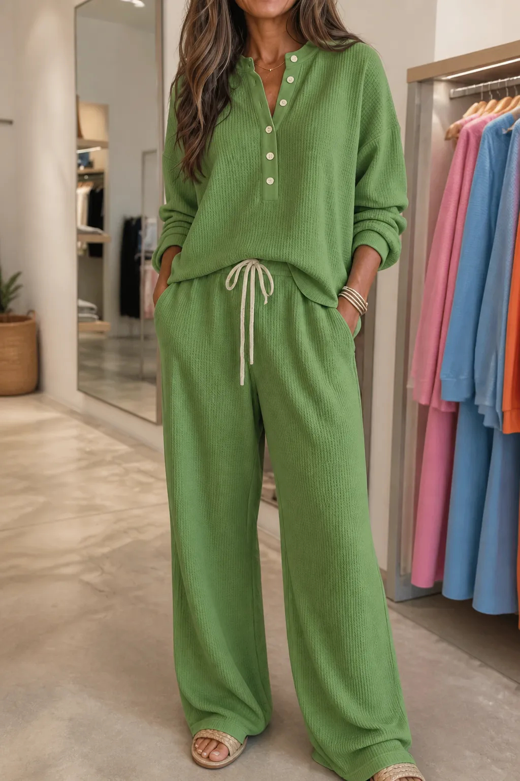 Women's Waffle Knit Lounge Set, Long Sleeve Top & Drawstring Wide Leg Pants Cozy Casual Two Piece Outfit