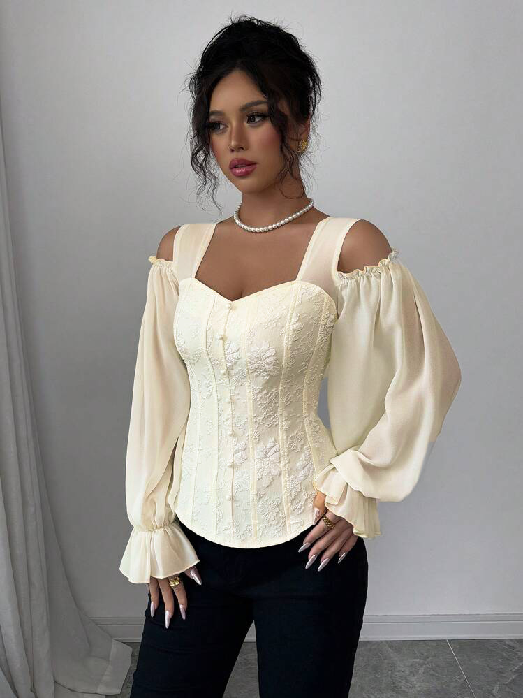 Women’s Elegant Off-Shoulder Long-Sleeve Floral Jacquard Top