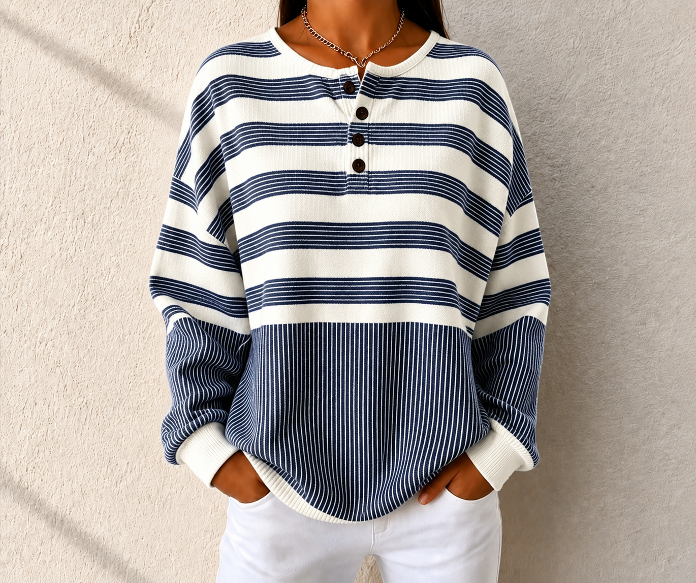 Women's striped plain knit button-down sweatshirt