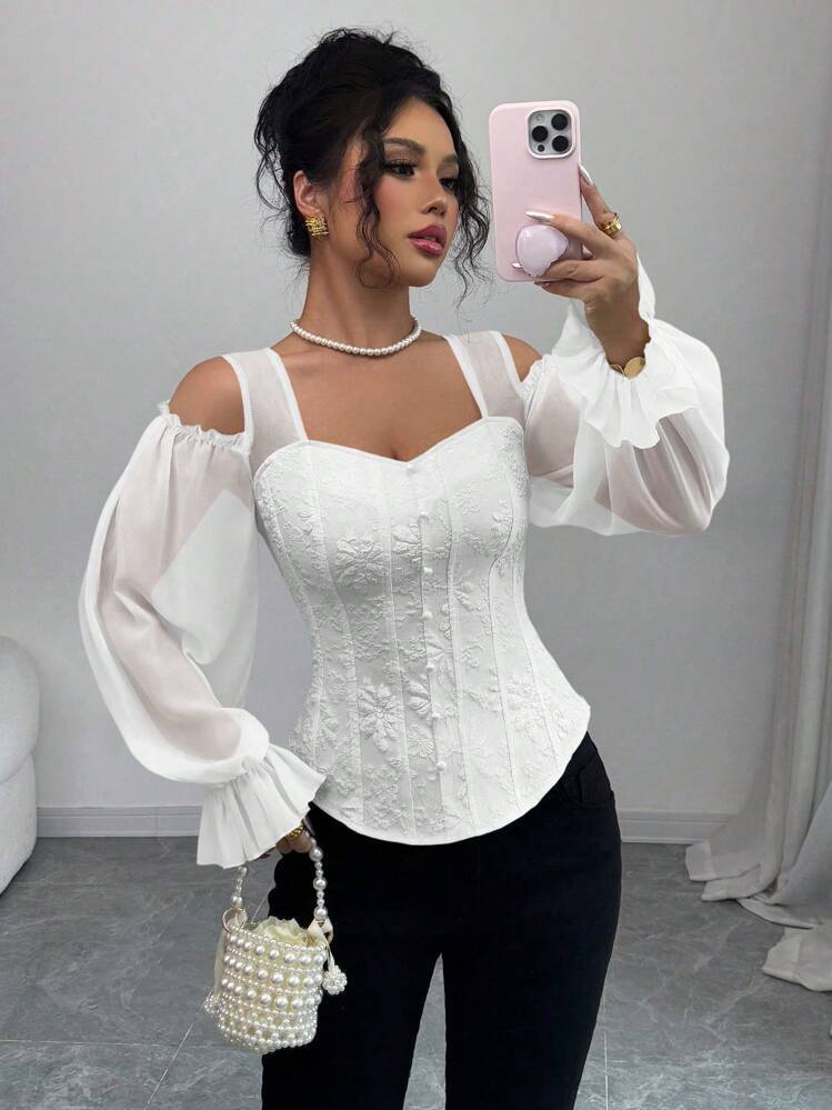 Women’s Elegant Off-Shoulder Long-Sleeve Floral Jacquard Top