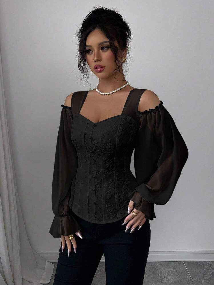 Women’s Elegant Off-Shoulder Long-Sleeve Floral Jacquard Top