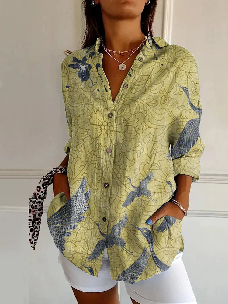 Women’s Abstract Line Cotton Linen Shirt