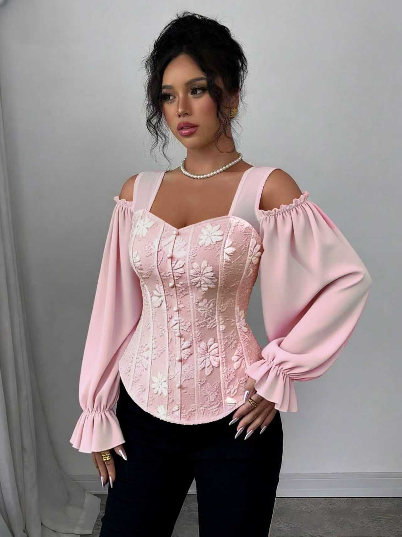 Women’s Elegant Off-Shoulder Long-Sleeve Floral Jacquard Top