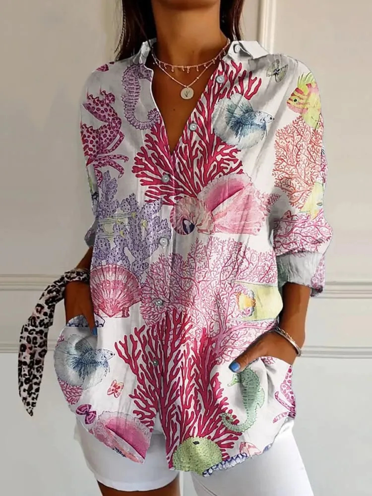 Women’s Abstract Line Cotton Linen Shirt