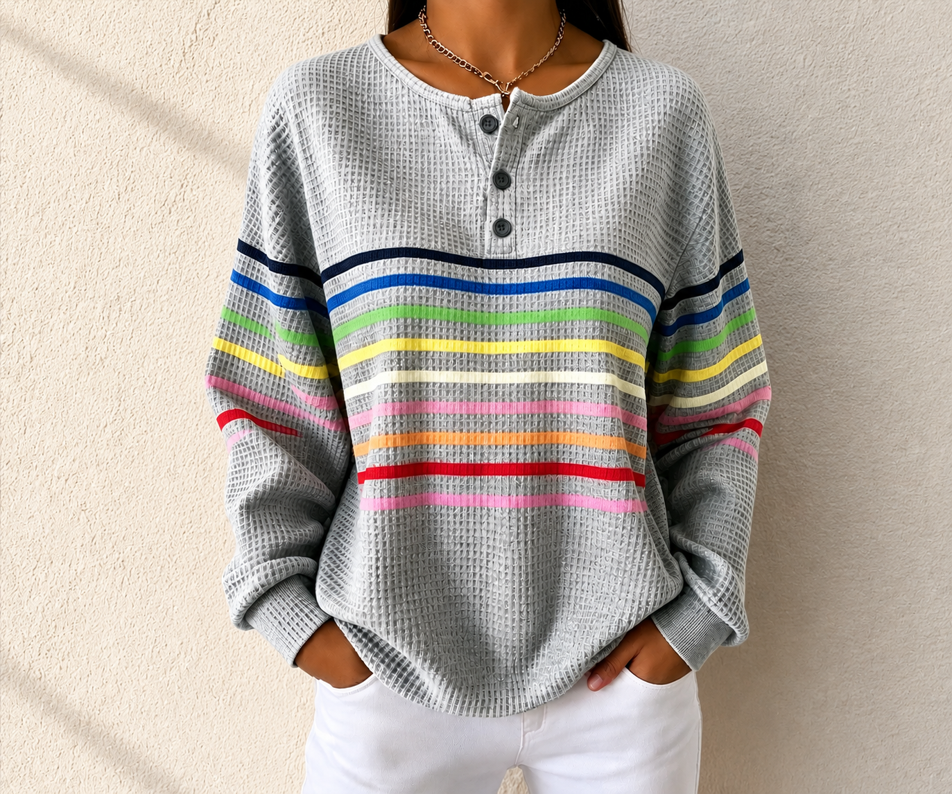 Women's Striped Waffle POLO Casual Sweatshirt