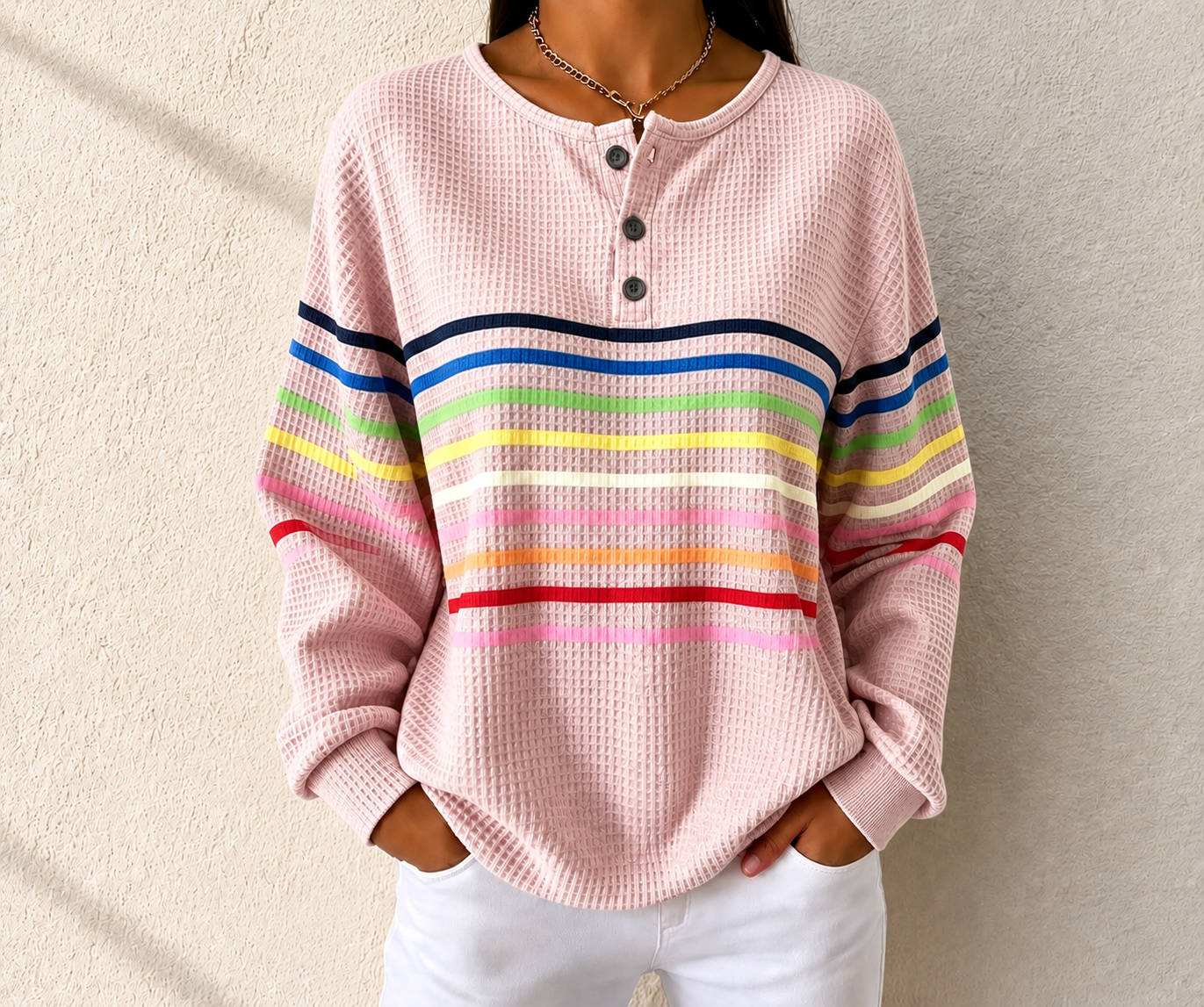 Women's Striped Waffle POLO Casual Sweatshirt