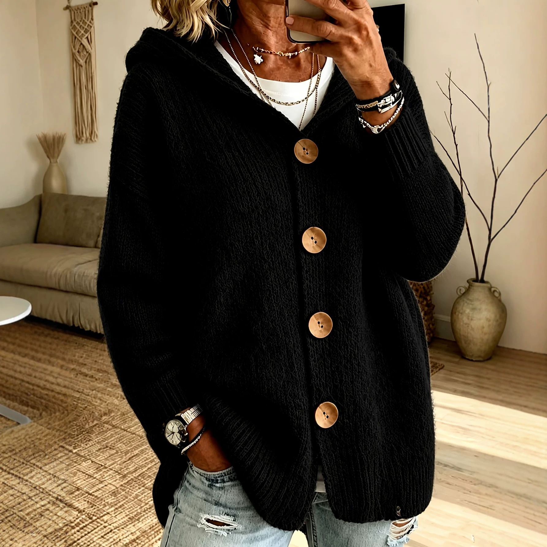 Women's Chunky Knit Hooded Cardigan Sweater – Cozy Oversized Button Front Open Cardigan