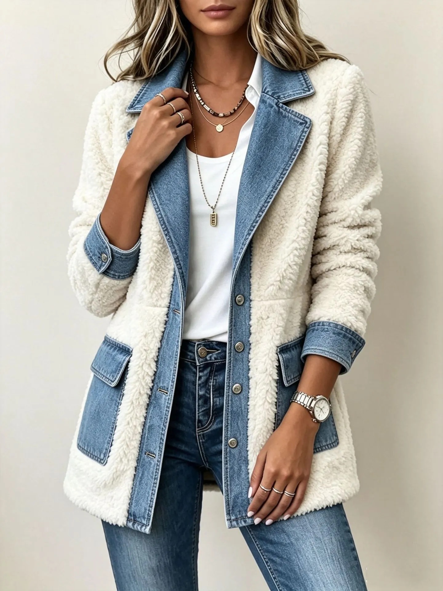Elegant Mixed Media Denim Knit Cardigan Open Front Lapel Sweater Coat Mid Length Comfort Fit Outerwear