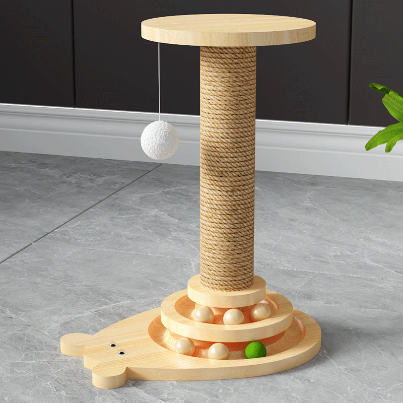 Wooden Cat Scratching Post with Double Layer Track Ball Toy | Interactive Cat Turntable, Safe Sisal Scratcher for Indoor Cats