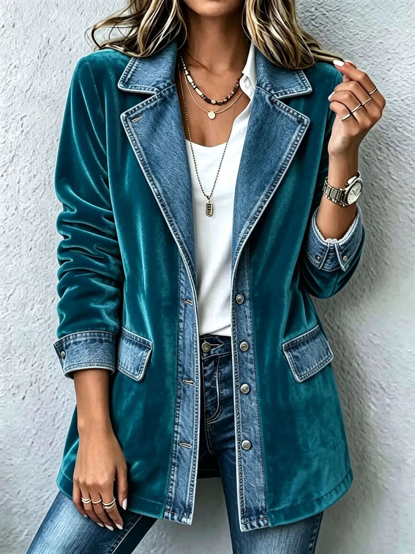 Elegant Mixed Media Denim Knit Cardigan Open Front Lapel Sweater Coat Mid Length Comfort Fit Outerwear