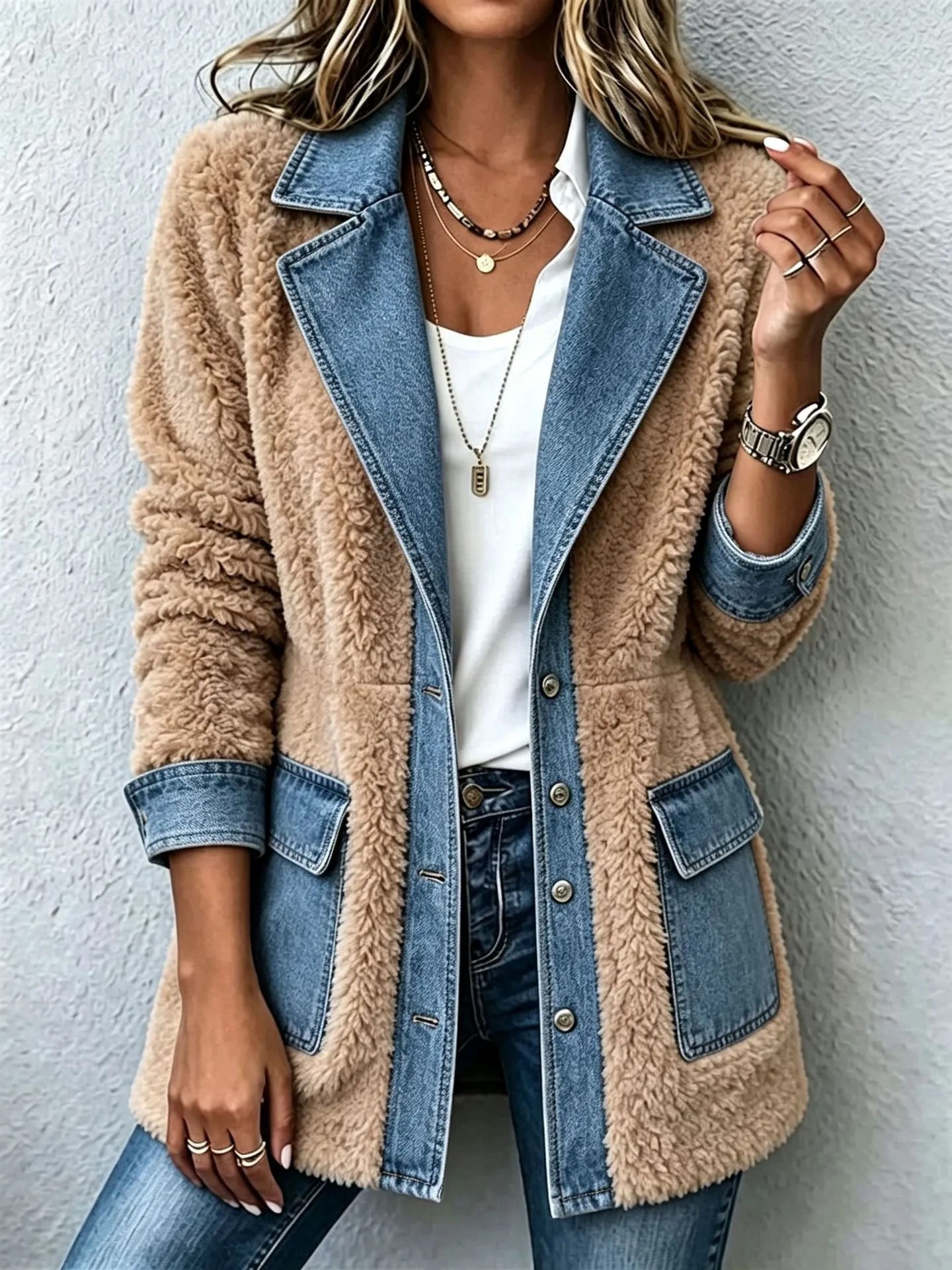 Elegant Mixed Media Denim Knit Cardigan Open Front Lapel Sweater Coat Mid Length Comfort Fit Outerwear