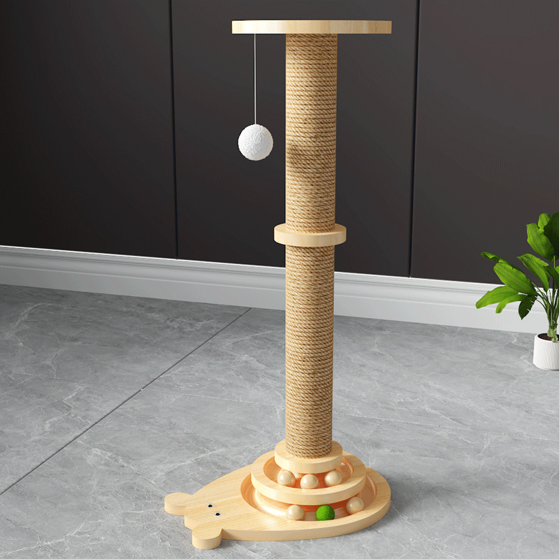 Wooden Cat Scratching Post with Double Layer Track Ball Toy | Interactive Cat Turntable, Safe Sisal Scratcher for Indoor Cats