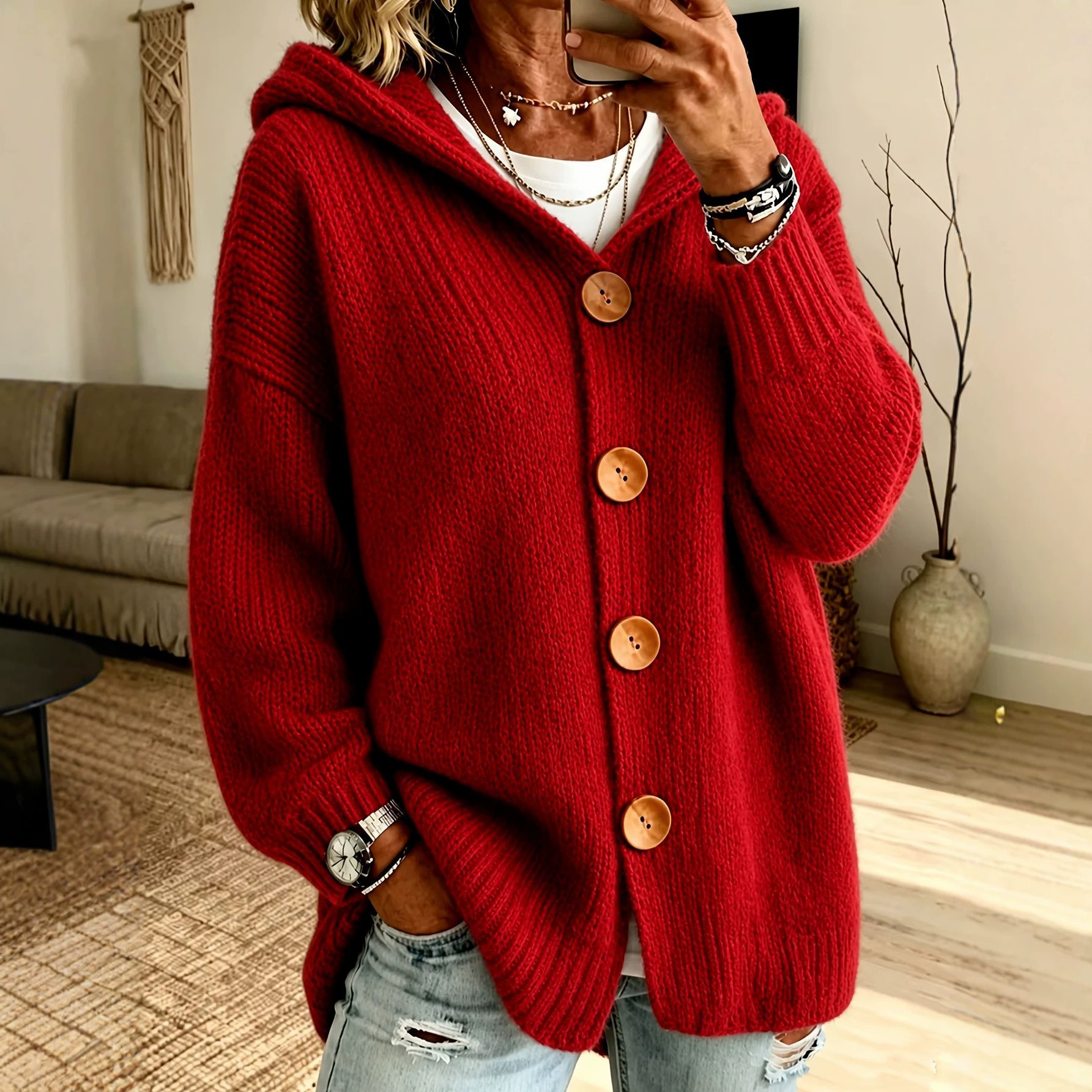 Women's Chunky Knit Hooded Cardigan Sweater – Cozy Oversized Button Front Open Cardigan