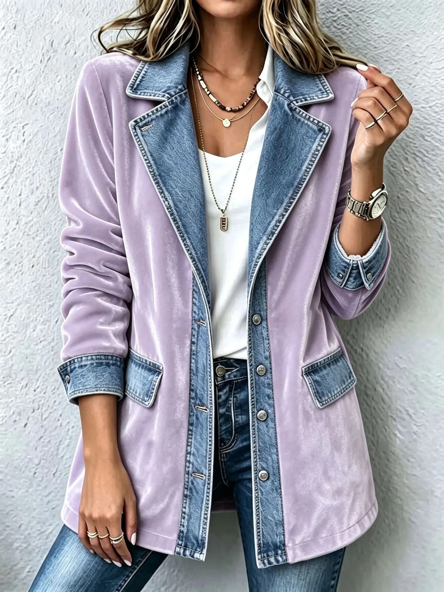 Elegant Mixed Media Denim Knit Cardigan Open Front Lapel Sweater Coat Mid Length Comfort Fit Outerwear