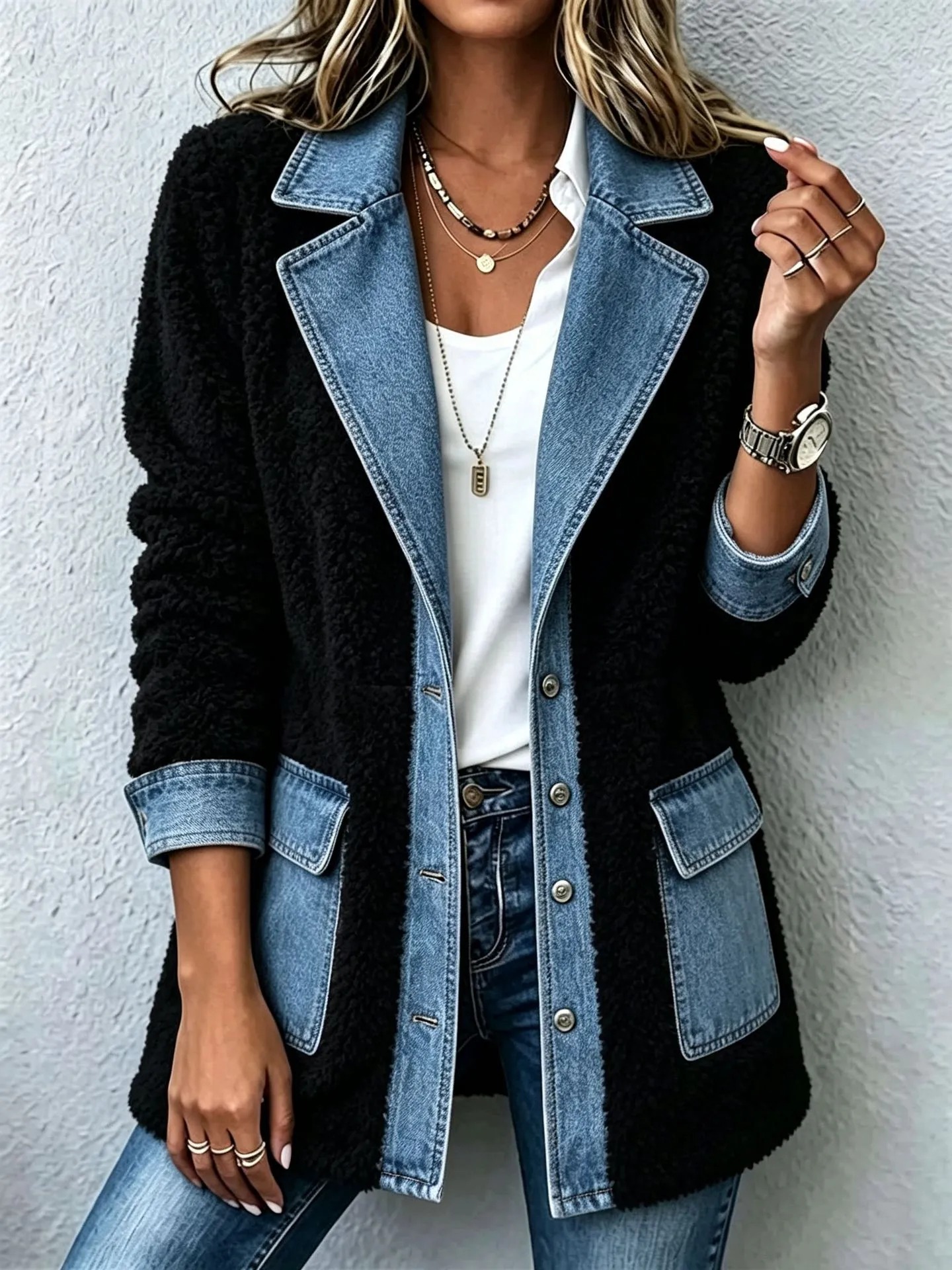 Elegant Mixed Media Denim Knit Cardigan Open Front Lapel Sweater Coat Mid Length Comfort Fit Outerwear