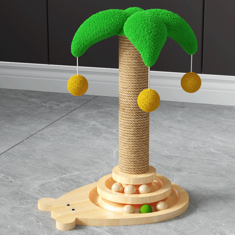 Wooden Cat Scratching Post with Double Layer Track Ball Toy | Interactive Cat Turntable, Safe Sisal Scratcher for Indoor Cats