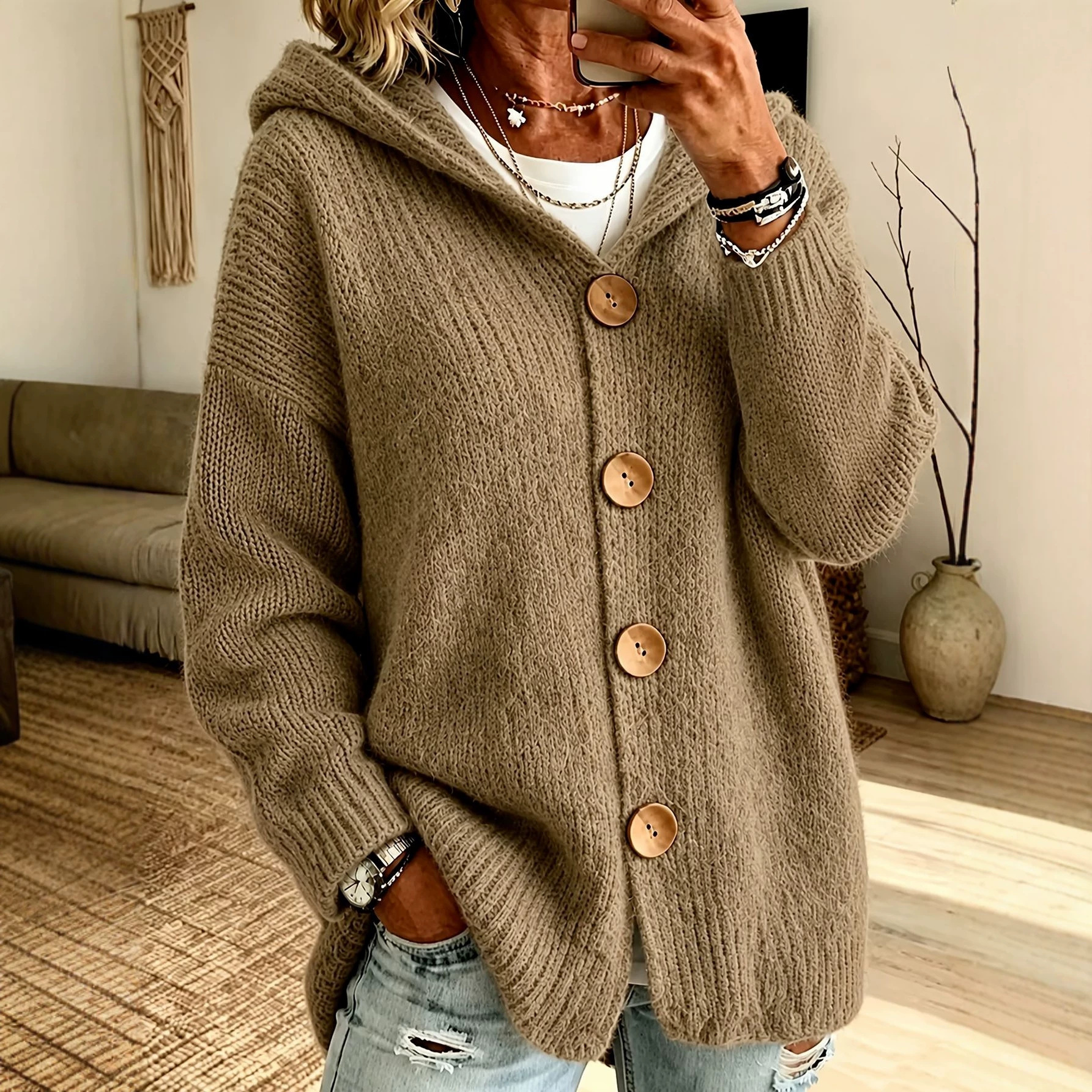 Women's Chunky Knit Hooded Cardigan Sweater – Cozy Oversized Button Front Open Cardigan