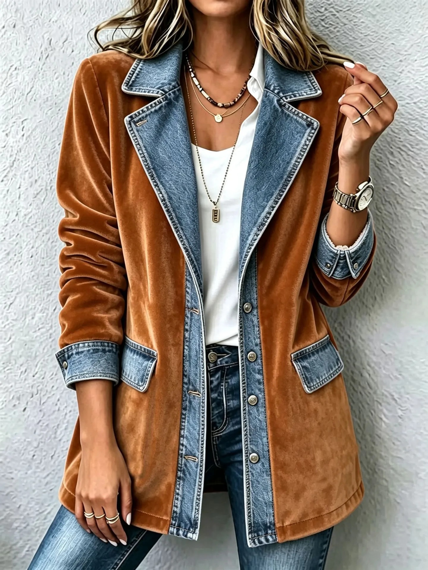 Elegant Mixed Media Denim Knit Cardigan Open Front Lapel Sweater Coat Mid Length Comfort Fit Outerwear