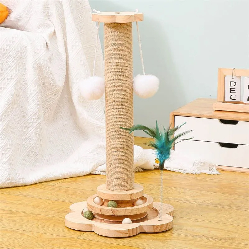 Wooden Cat Scratching Post with Double Layer Track Ball Toy | Interactive Cat Turntable, Safe Sisal Scratcher for Indoor Cats